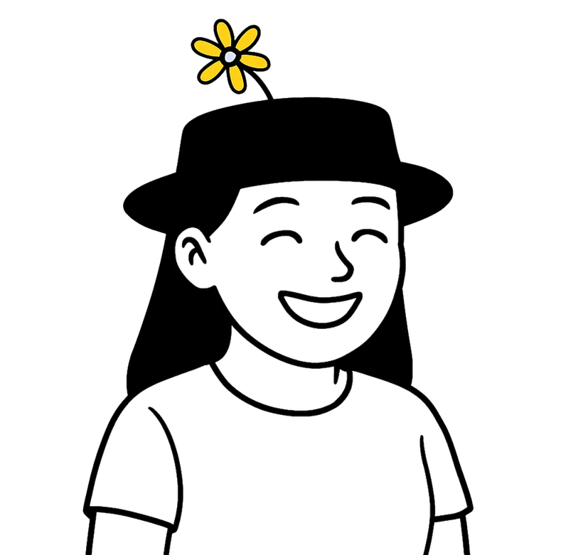 Illustration of Charlotte smiling, wearing her hat with a yellow flower
